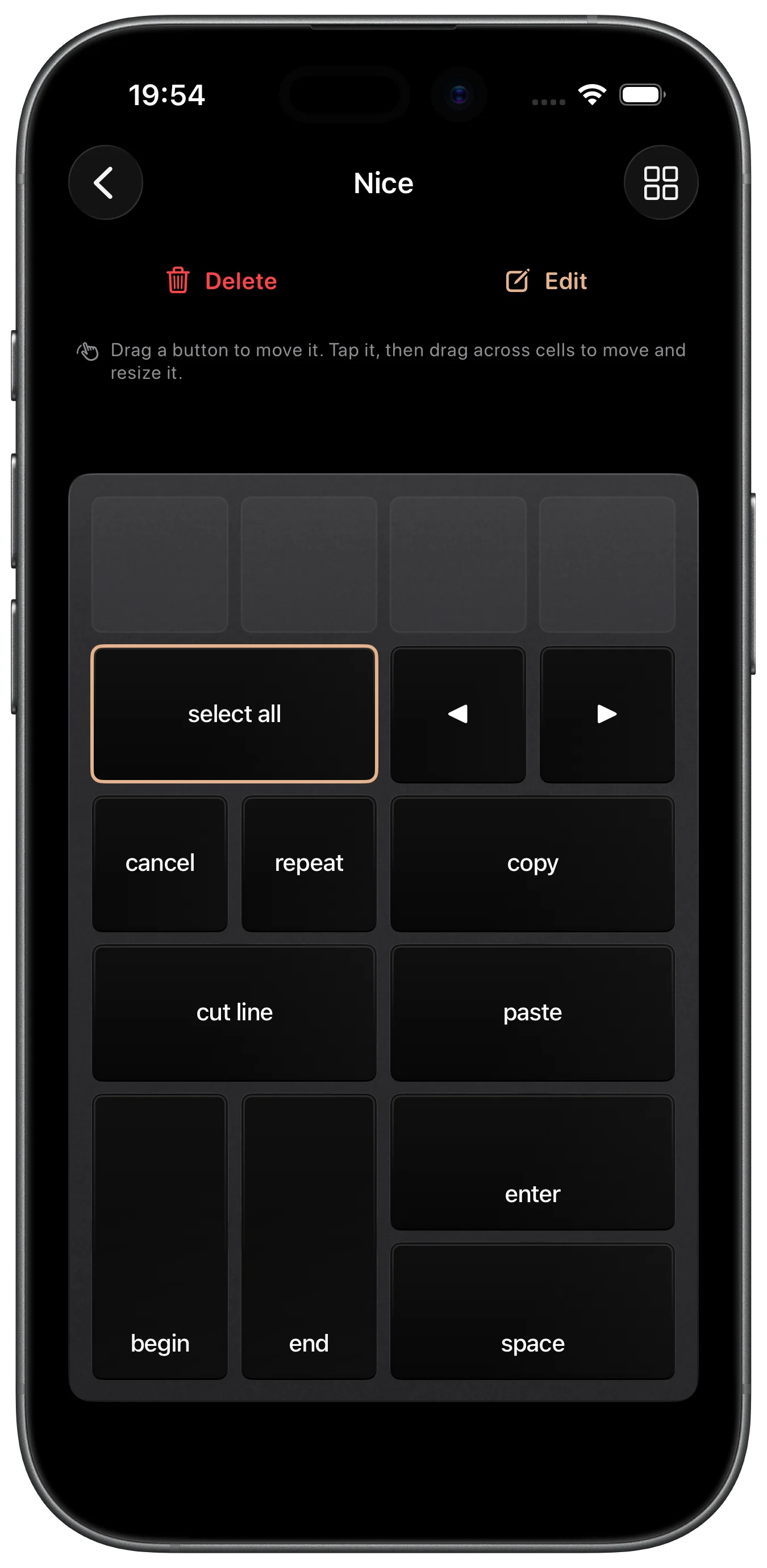 Padme app editing a custom keypad layout — drag, resize, and arrange individual keys