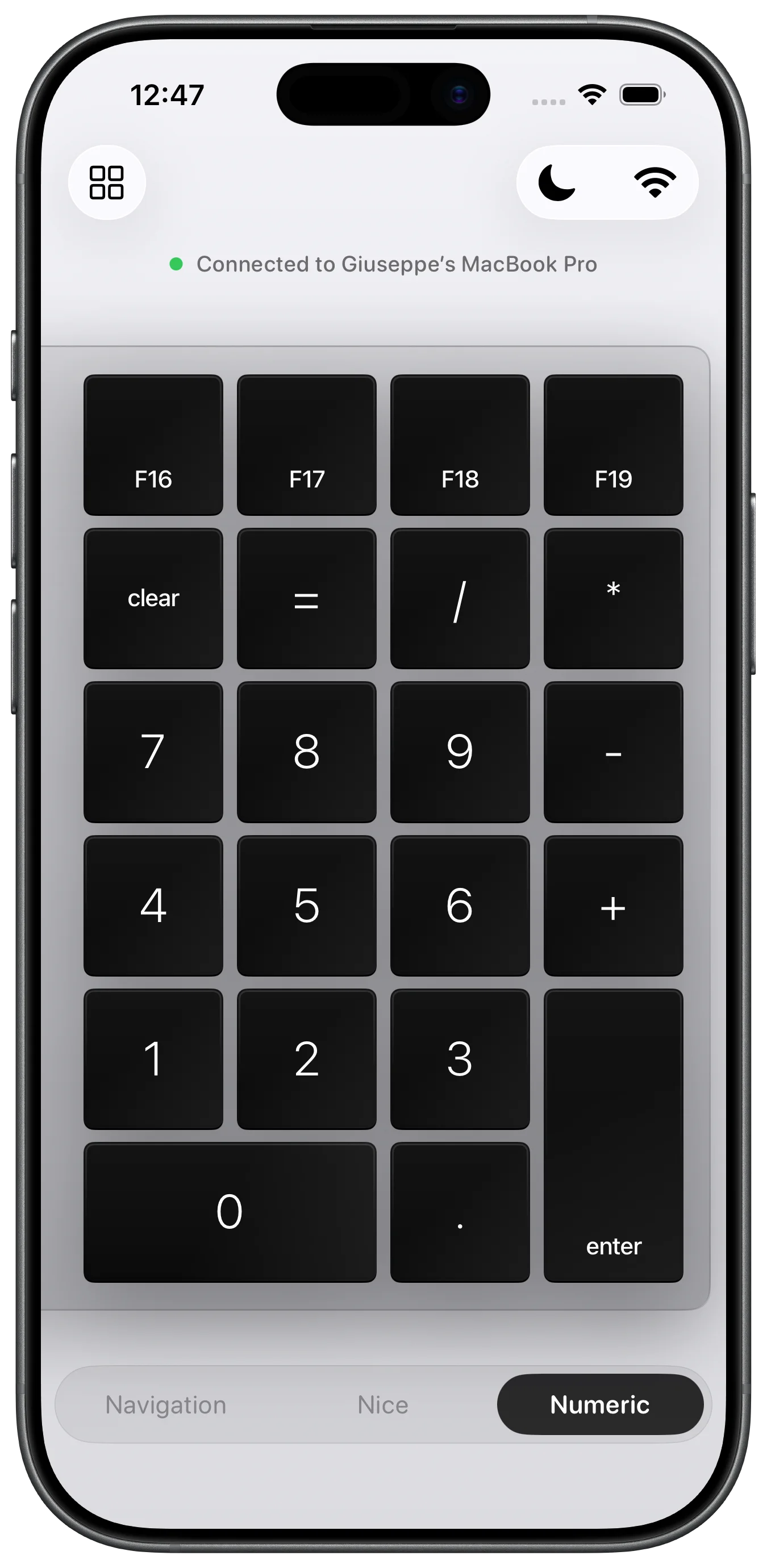 Padme app on iPhone displaying a clean numeric keypad for Mac